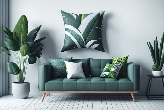 simple urban jungle style interior with green armchair, green plaid, tropical pattern pillow and plant on white wall background. 3d rendering., photo