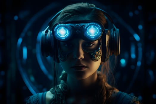 Girl with virtual reality glasses. Neural network photo