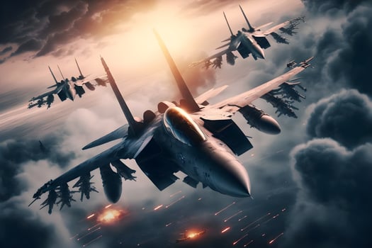 Formation of destroyer jets float in sky during aviation battle. Neural network generated art photo