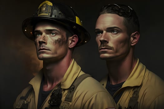 Portrait of firefighters dirty faces in special helmets and firefighters uniforms. Neural network generated art photo