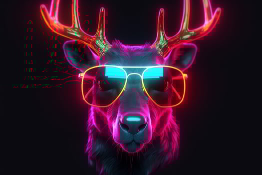Neon cyberpunk reindeer portrait with sunglasses Christmas holiday photo