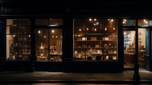 Empty shop layout street window display in the city at night. Illustration photo