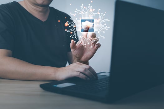 man touch cloud computing diagram show on hand.Data storage.Digital technology network service business in wireless storage concept. Implementing storage technology support in business. photo