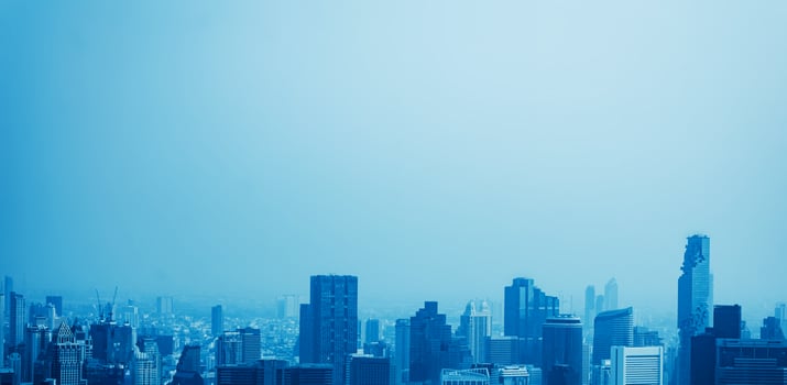 View of skyscrapers in the business district of the capital city. Bangkok, Thailand. With copy space and text design for business. photo