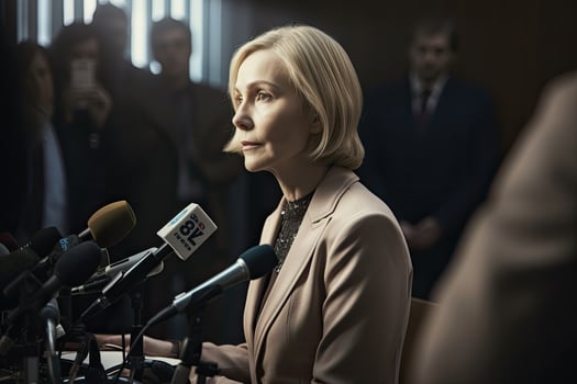 Politician giving speech at press conference. photo