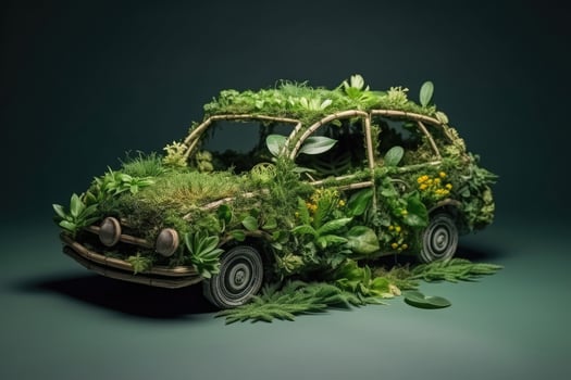 Car made of natural green plants. Eco friendly transportation. photo