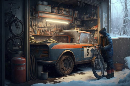 big tire in a garage, WINTER COLD AND SNOW OUTSIDE illustration photo