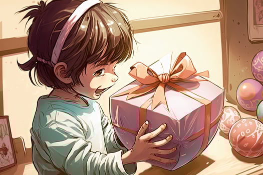 Child excitedly unwrapping an Easter egg, manga style Easter illustration manga style photo