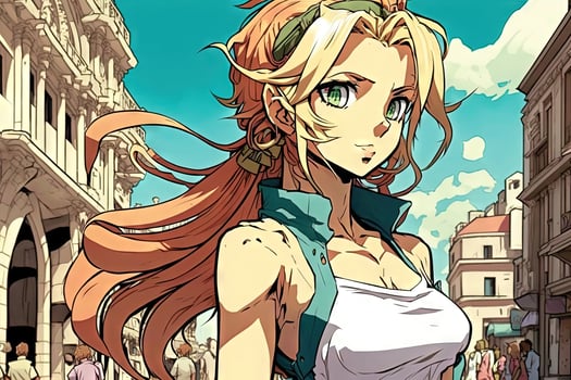 Beautiful anime manga girl in Barcelona Spain illustration photo