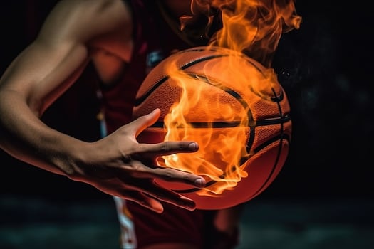 basketball player hands holding ball in explosion of energy and fire illustration photo