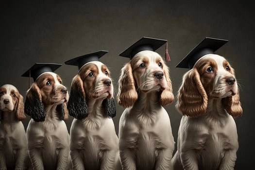 cocker spaniel Dogs standing in a line, wearing graduation caps and gowns, with a proud look on their faces illustration photo