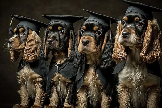 cocker spaniel Dogs standing in a line, wearing graduation caps and gowns, with a proud look on their faces illustration photo