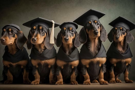 dachshund Dogs standing in a line, wearing graduation caps and gowns, with a proud look on their faces illustration photo
