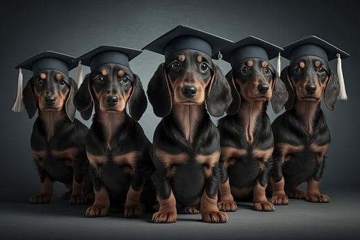 dachshund Dogs standing in a line, wearing graduation caps and gowns, with a proud look on their faces illustration photo