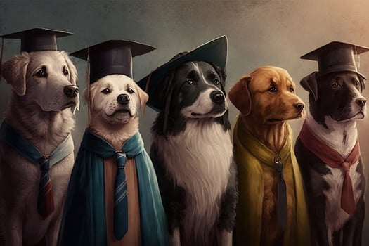 Dogs standing in a line, wearing graduation caps and gowns, with a proud look on their faces illustration photo