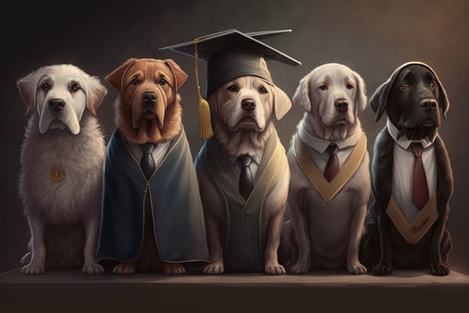 Dogs standing in a line, wearing graduation caps and gowns, with a proud look on their faces illustration photo