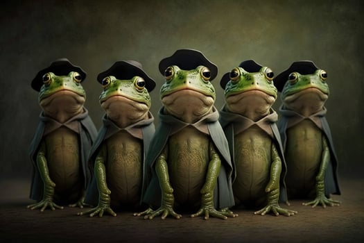 Frogs standing in a line, wearing graduation caps and gowns, with a proud look on their faces illustration photo