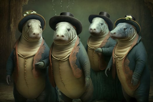 manatee animals dressed in victorian era clothing illustration photo