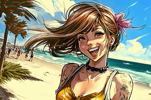 Beautiful anime manga girl in Los Angeles Malibu beach illustration photo