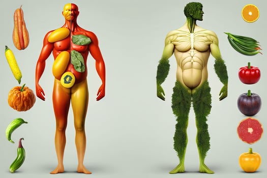 Human shape vegetable Creative diet food healthy eating concept photo of human made of fresh fruits and vegetables illustration