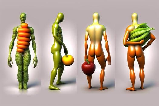 Human shape vegetable Creative diet food healthy eating concept photo of human made of fresh fruits and vegetables illustration