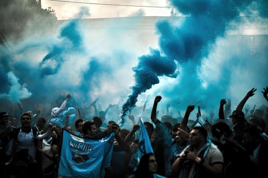 Winning championship of Napoli soccer football club, scudetto celebrating team, fans crowd of supporters illustration photo