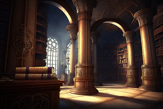 Library of magic. Old scroll library. Stack of ancient scrolls. Medieval manuscripts library illustration photo