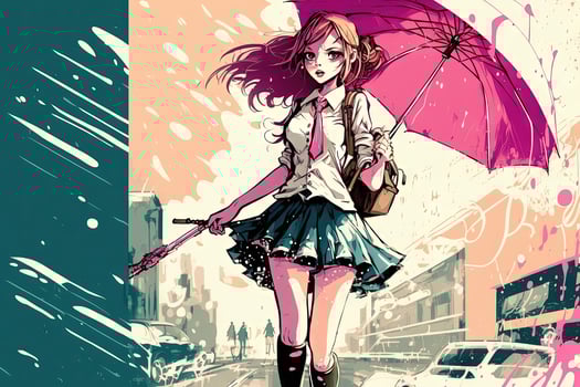 Pretty girl in mini skirt with a pink parasol, walking through a rainy city and spreading sunshine with her positive attitude, manga stye illustration photo