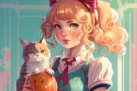 Pretty anime school girl with a cat looking at you illustration photo