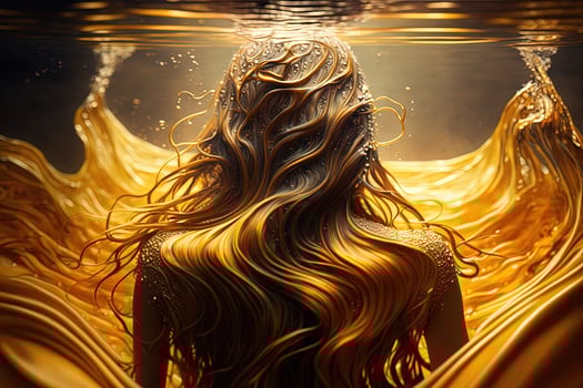 beautiful woman swimming in liquid gold view from the back illustration photo