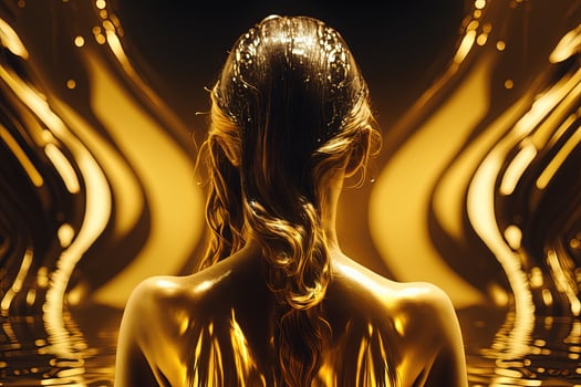 beautiful woman swimming in liquid gold view from the back illustration photo