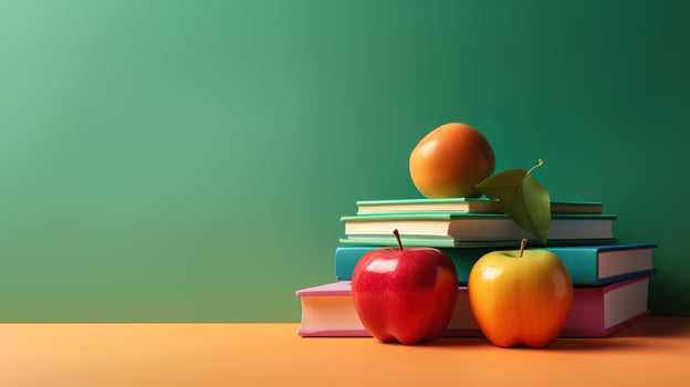 Books Stacked on a Wooden Desk in Preparation for Back to School Season. photo