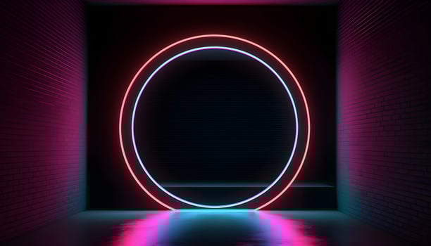 Futuristic Stage colorful neon lights stages room background and backdrop, empty podium for Product Display or Presentations, abstract modern, Perfect for Showcases and Modern Projects. 3D Rendering. photo