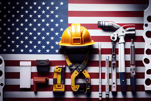United States of America with worker tools, American big flag. photo