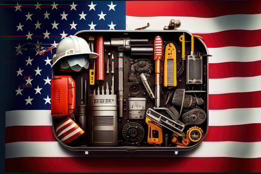Worker With Big Spanner Builder Industrial City Background. photo