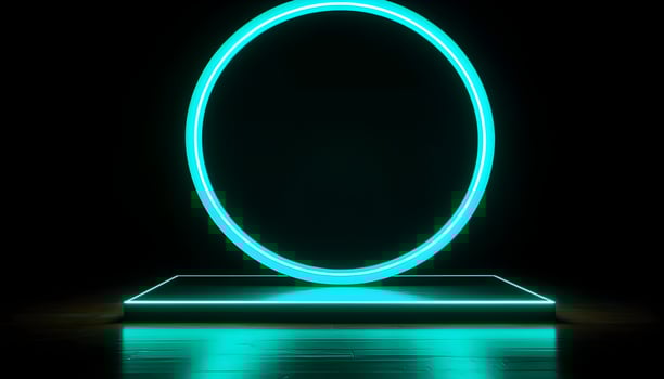 Standing bright white circle neon light background and backdrop and some negative space at the center. photo