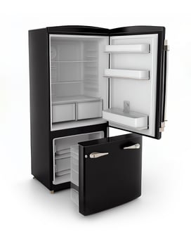 Open fridge on white background, created with photo