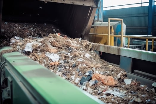 Conveyor belt with pile of waste at recycling plant. photo