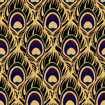 seamless pattern black purple peacock feather with thick golden outline, texture, design photo