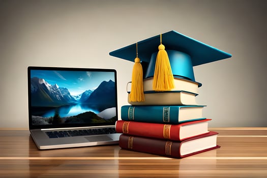 Laptop with graduation hat and books. Education concept AI Generate photo