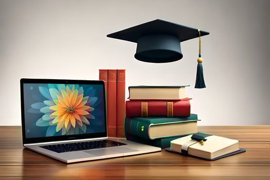 Laptop with graduation cap and books on wooden table against gradient background AI Generate photo