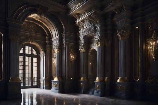 gold and black baroque style portal of a palace, columns interior palace design, photo