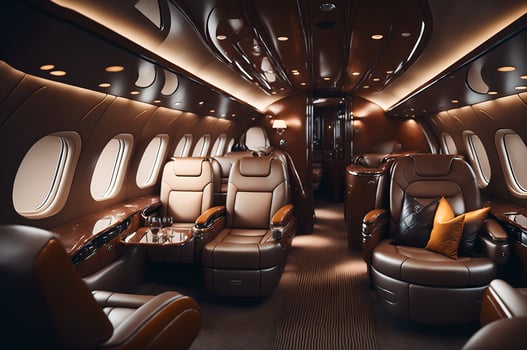 interior of a luxurious plane with leather seats and windows, photo