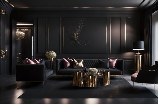 large living room in a dark style, black sofa, rose pink pillows, and gold table on a black wall black lamp, photo