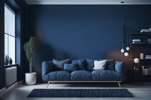 modern living room interior with blue sofa, pillows, and lamp on a dark blue wall photo
