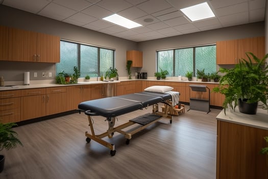 Occupational therapy room with treatment beds, created with photo