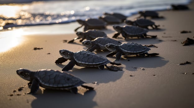 . . Macro shot of turtles running to the water ocean sea. Photo of national geography style. Graphic Art
