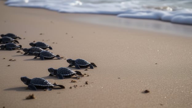 . . Macro shot of turtles running to the water ocean sea. Photo of national geography style. Graphic Art