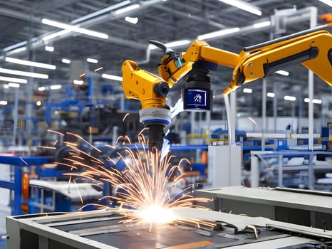 Modern High Tech Industrial Robotic arm on the factory production line production line is being welded. . photo