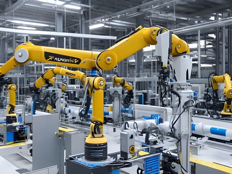 Modern High Tech Industrial Robotic arm on the factory production line production line is being welded. . photo
